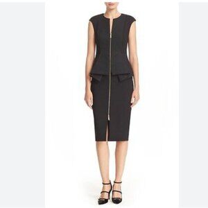 TED BAKER JUMANA BLACK FOREST GREEN COLORBLOCK PEPLUM ZIP UP MIDI DRESS - M
